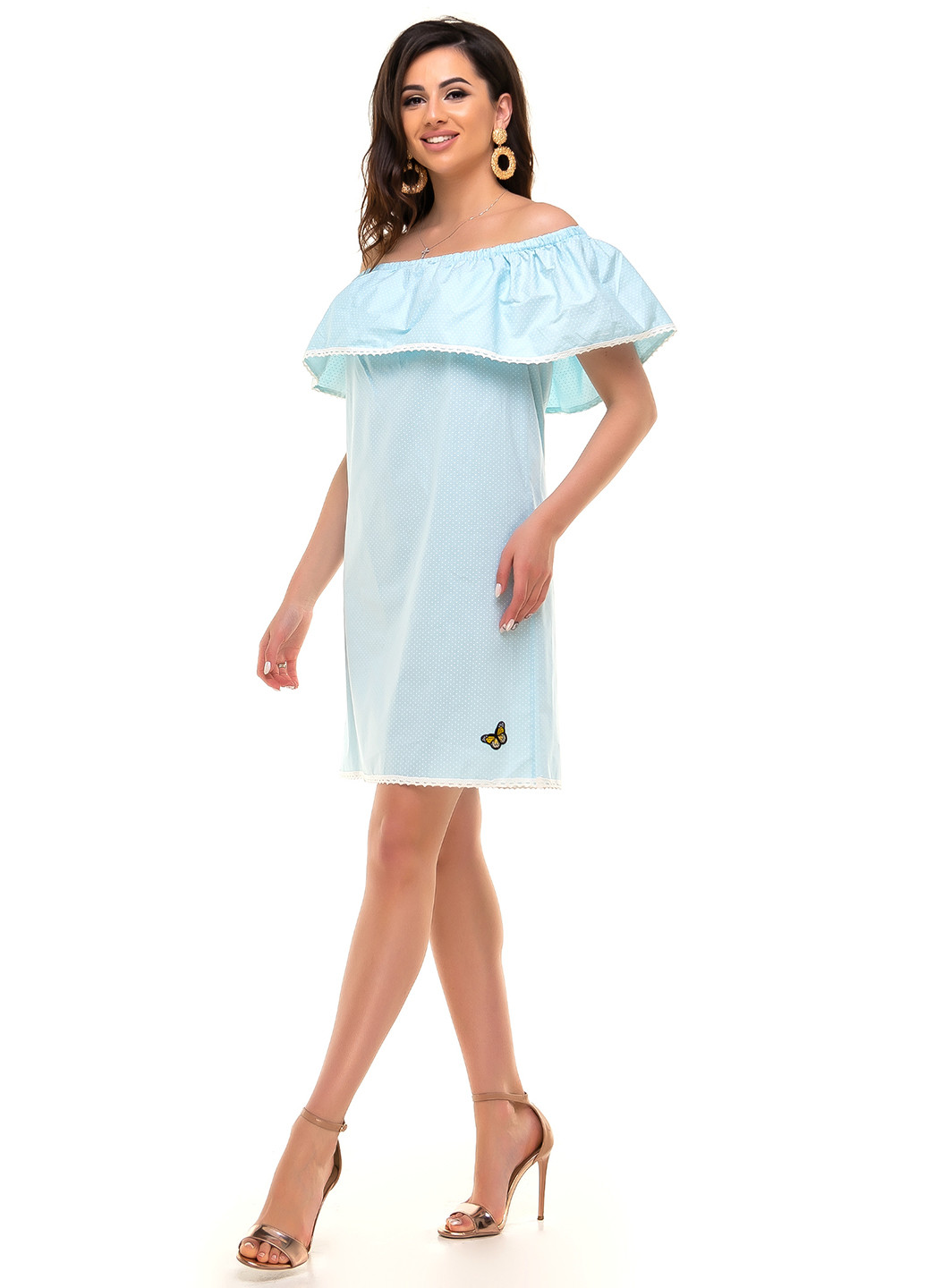 Голубое кэжуал платье с открытыми плечами Olsa в горошек