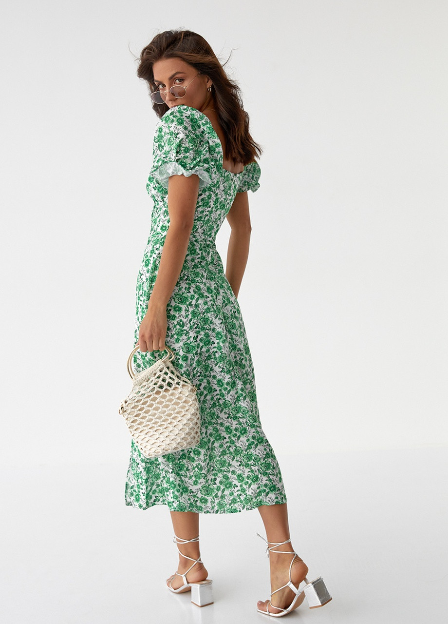 Зеленое кэжуал цветочное платье миди с разрезом No Brand с цветочным принтом