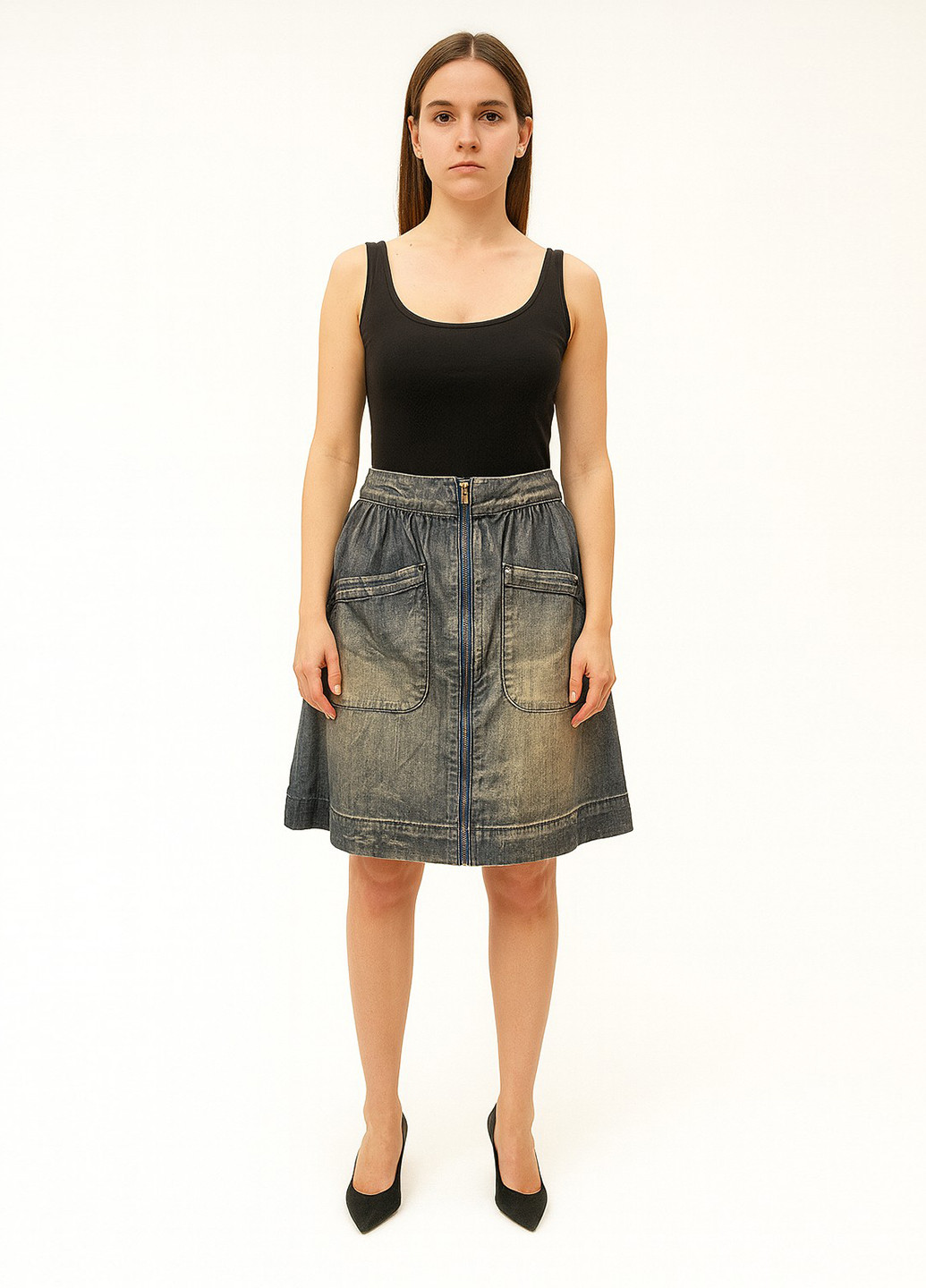 Синяя джинсовая однотонная юбка Sassofono а-силуэта (трапеция)