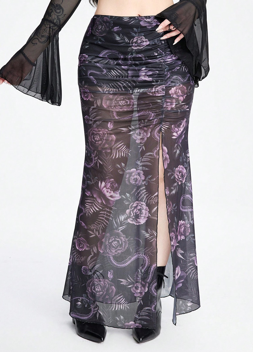 Черная вечерний цветочной расцветки юбка SHEIN