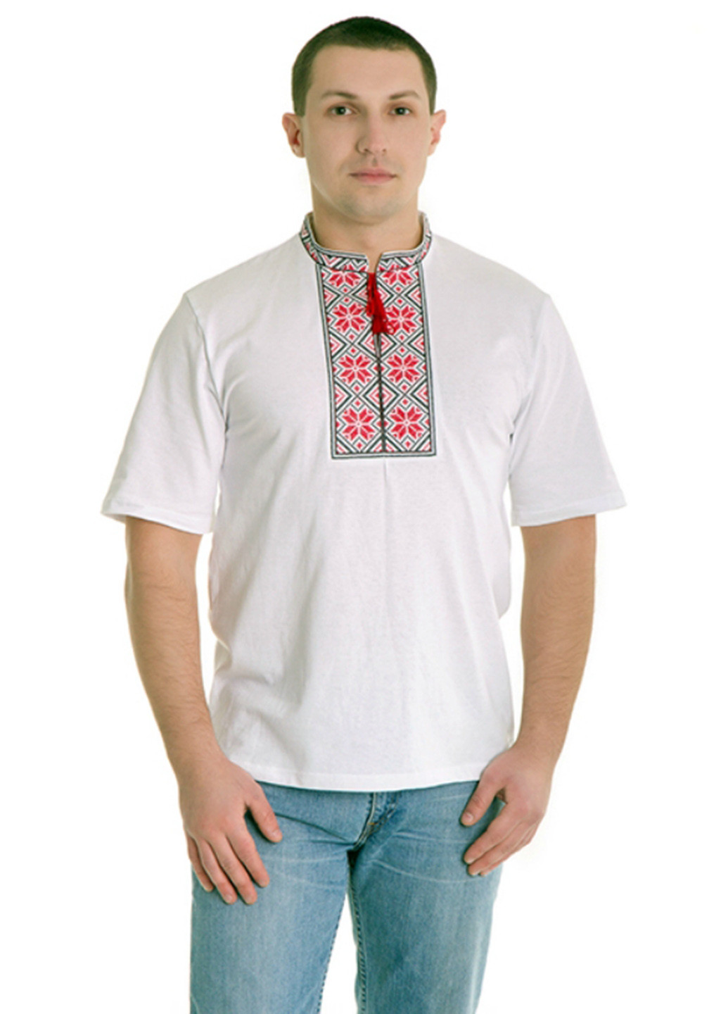 Белая кэжуал рубашка с орнаментом ЕтноМодерн с коротким рукавом