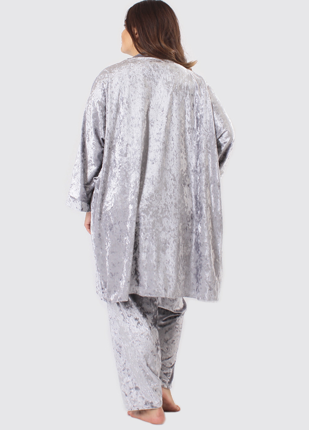 Світло-сірий демісезонний комплект (халат, топ, брюки) Ghazel