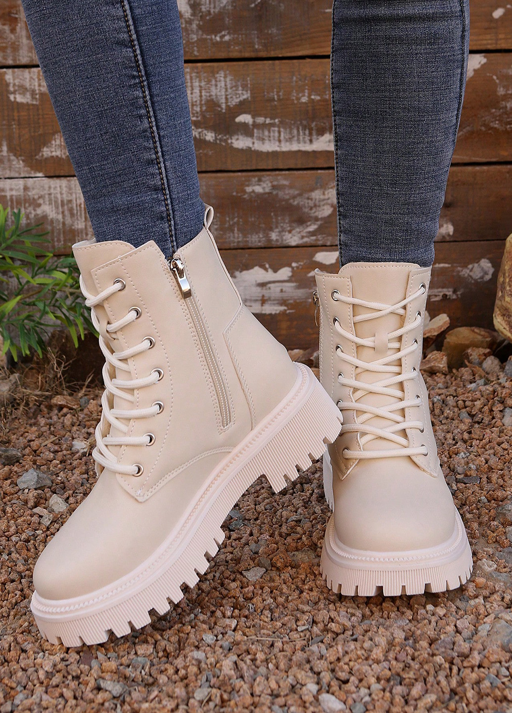 Осенние ботильоны берцы SHEIN без декора из искусственной кожи