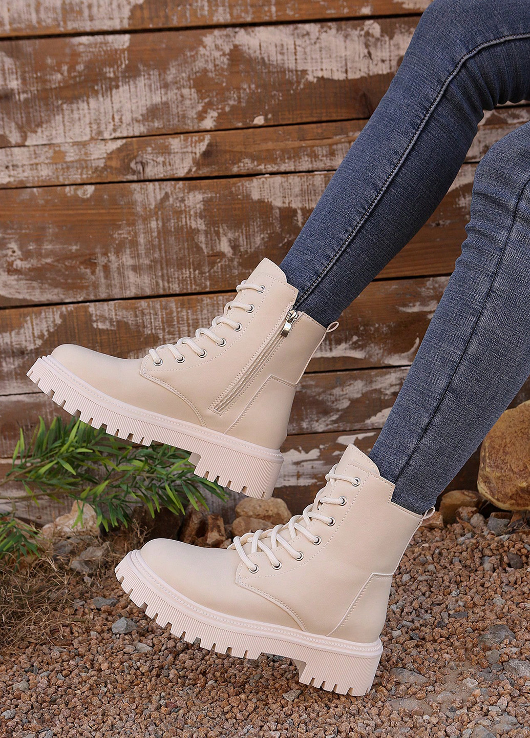 Осенние ботильоны берцы SHEIN без декора из искусственной кожи