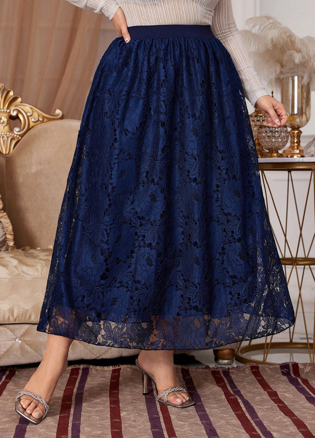 Темно-синяя вечерний розы юбка SHEIN клешированная