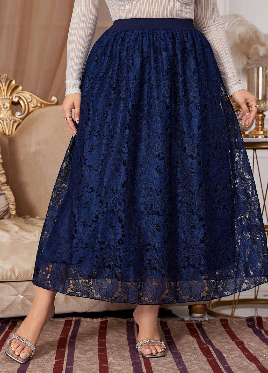 Темно-синяя вечерний розы юбка SHEIN клешированная