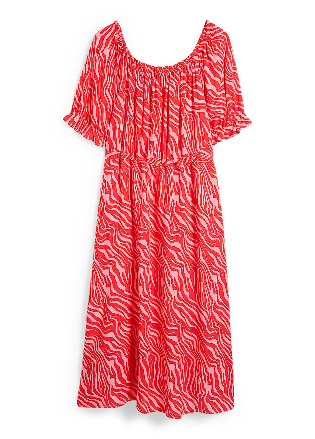 Красное кэжуал платье клеш, с открытыми плечами C&A с абстрактным узором