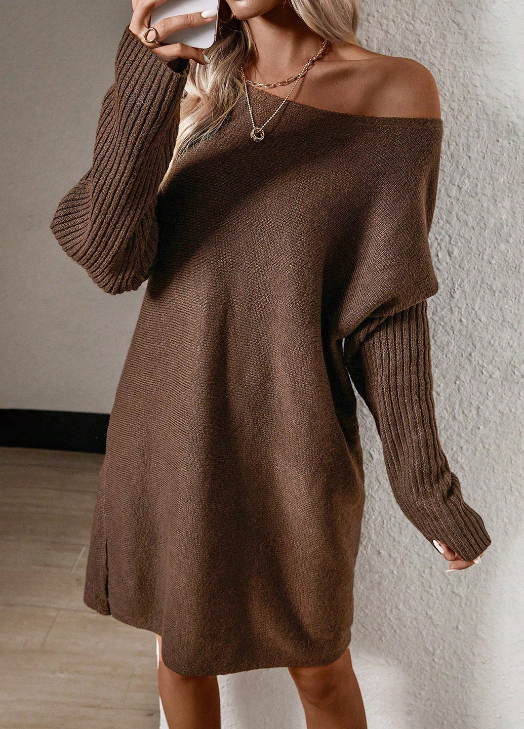 Коричневое кэжуал платье платье-свитер SHEIN однотонное