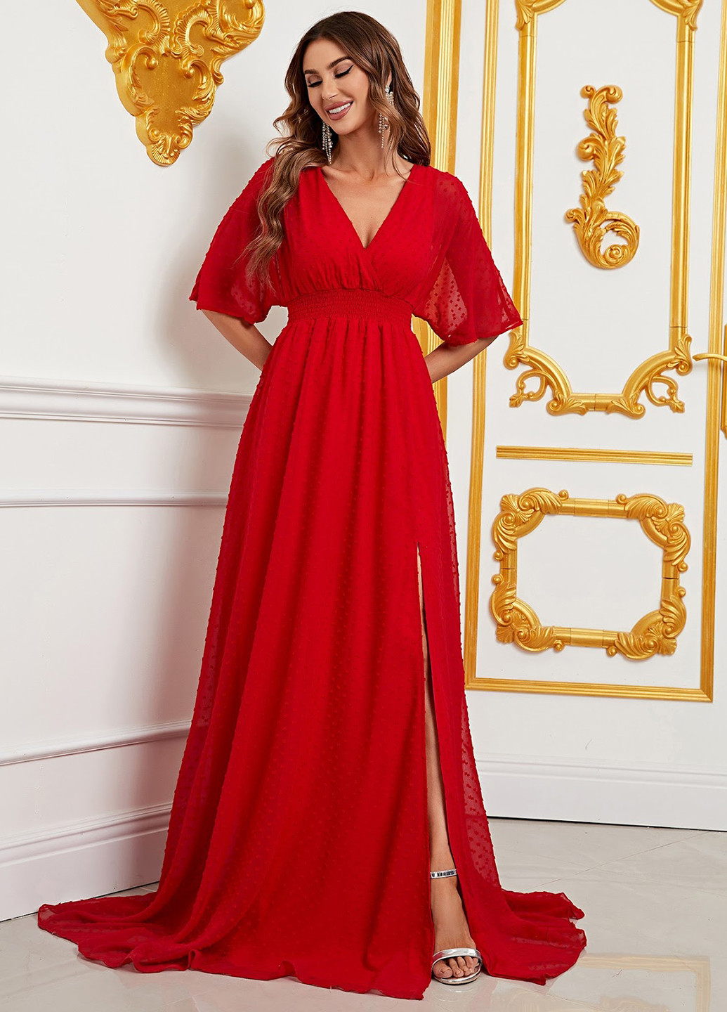 Красное вечернее платье со шлейфом SHEIN однотонное