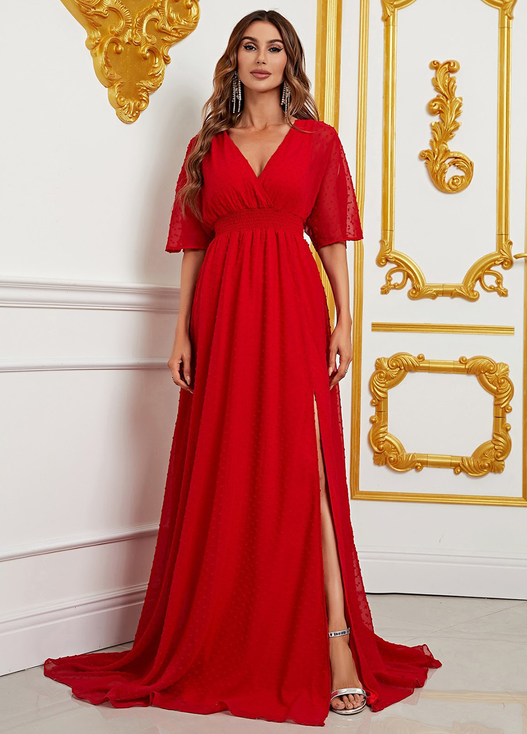 Красное вечернее платье со шлейфом SHEIN однотонное