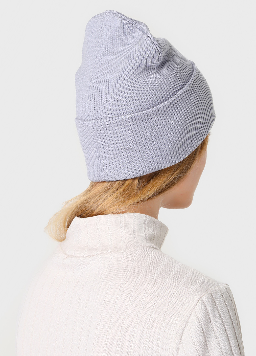 Тепла зимова кашемірова жіноча шапка з відворотом без підкладки 500085 DeMari Венди біні однотонна блакитна кежуал кашемір