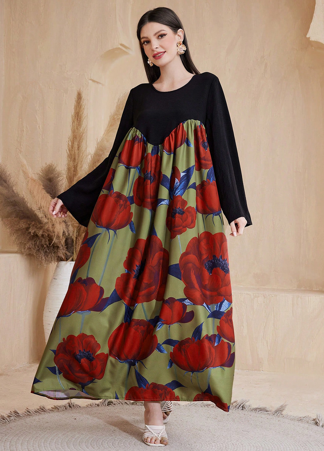 Комбинированное кэжуал платье оверсайз SHEIN с цветочным принтом