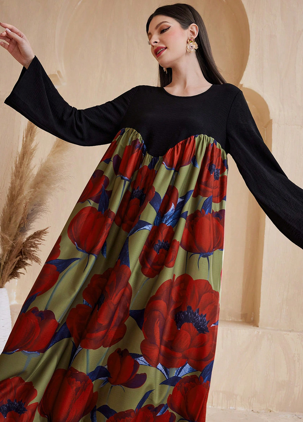 Комбинированное кэжуал платье оверсайз SHEIN с цветочным принтом