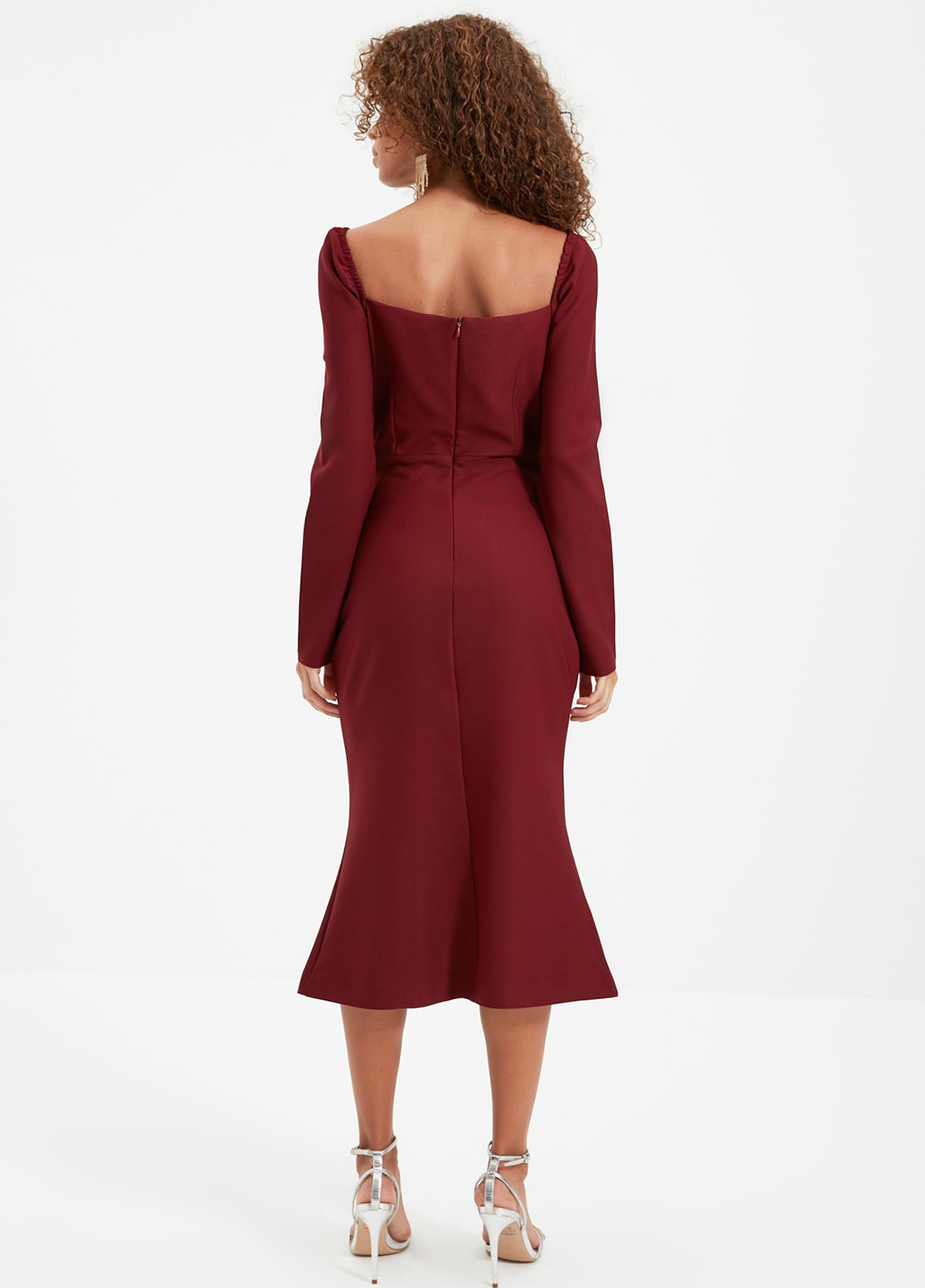 Бордовое кэжуал платье футляр, с открытой спиной Trendyol