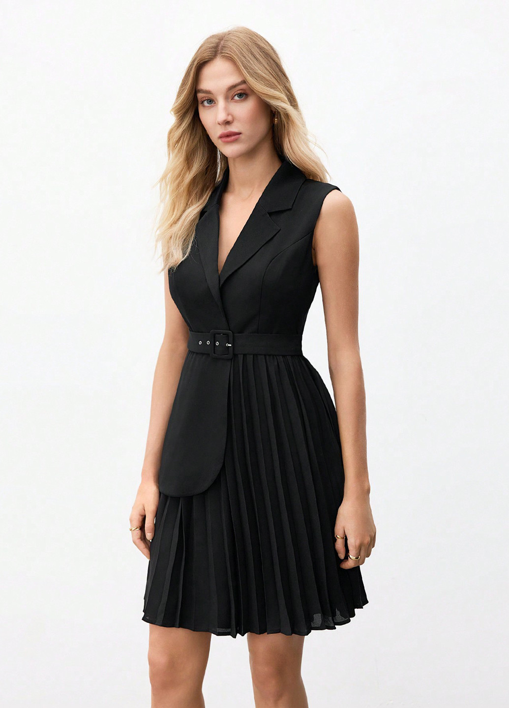 Черное кэжуал платье платье-жакет, плиссированное SHEIN однотонное