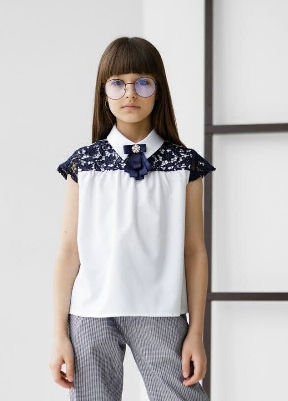 Блузка з коротким рукавом для дівчинки 8406 134 см Білий, Синій 61370 Tair (253506549)