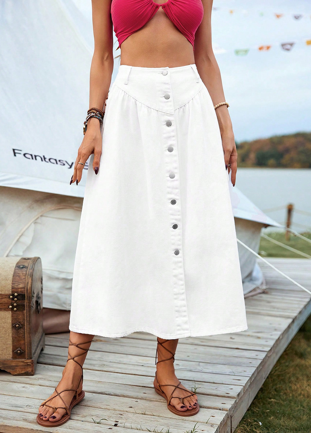 Белоснежная джинсовая, кэжуал однотонная юбка SHEIN а-силуэта (трапеция)