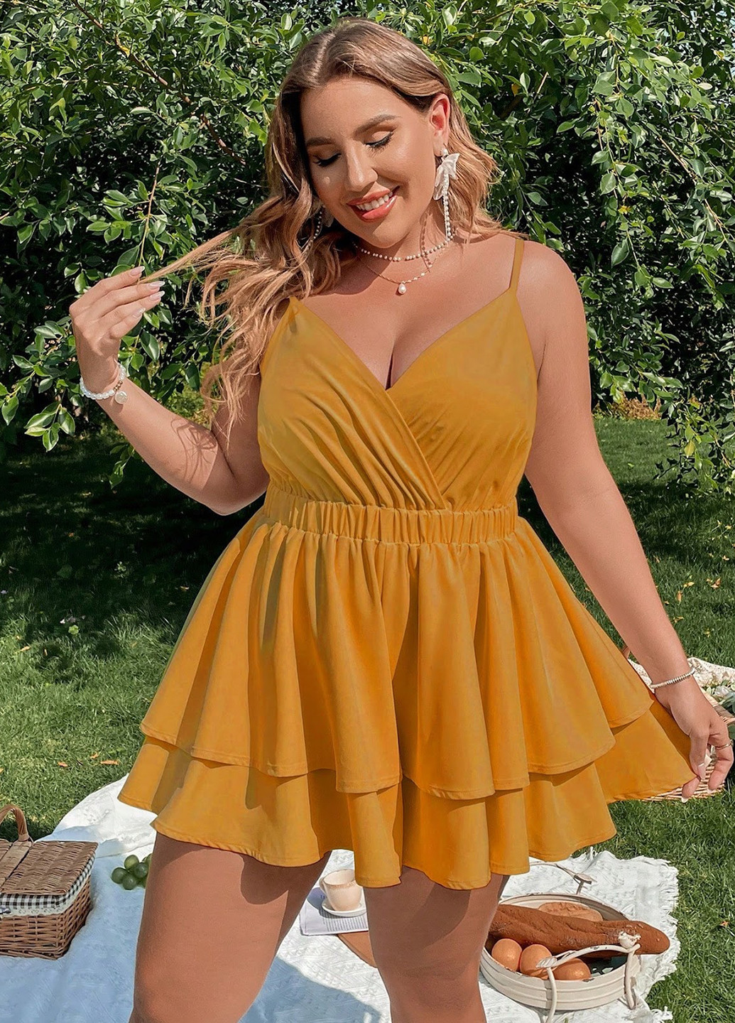 Комбинезон SHEIN комбинезон-шорты однотонный оранжевый кэжуал, коктейльный полиэстер