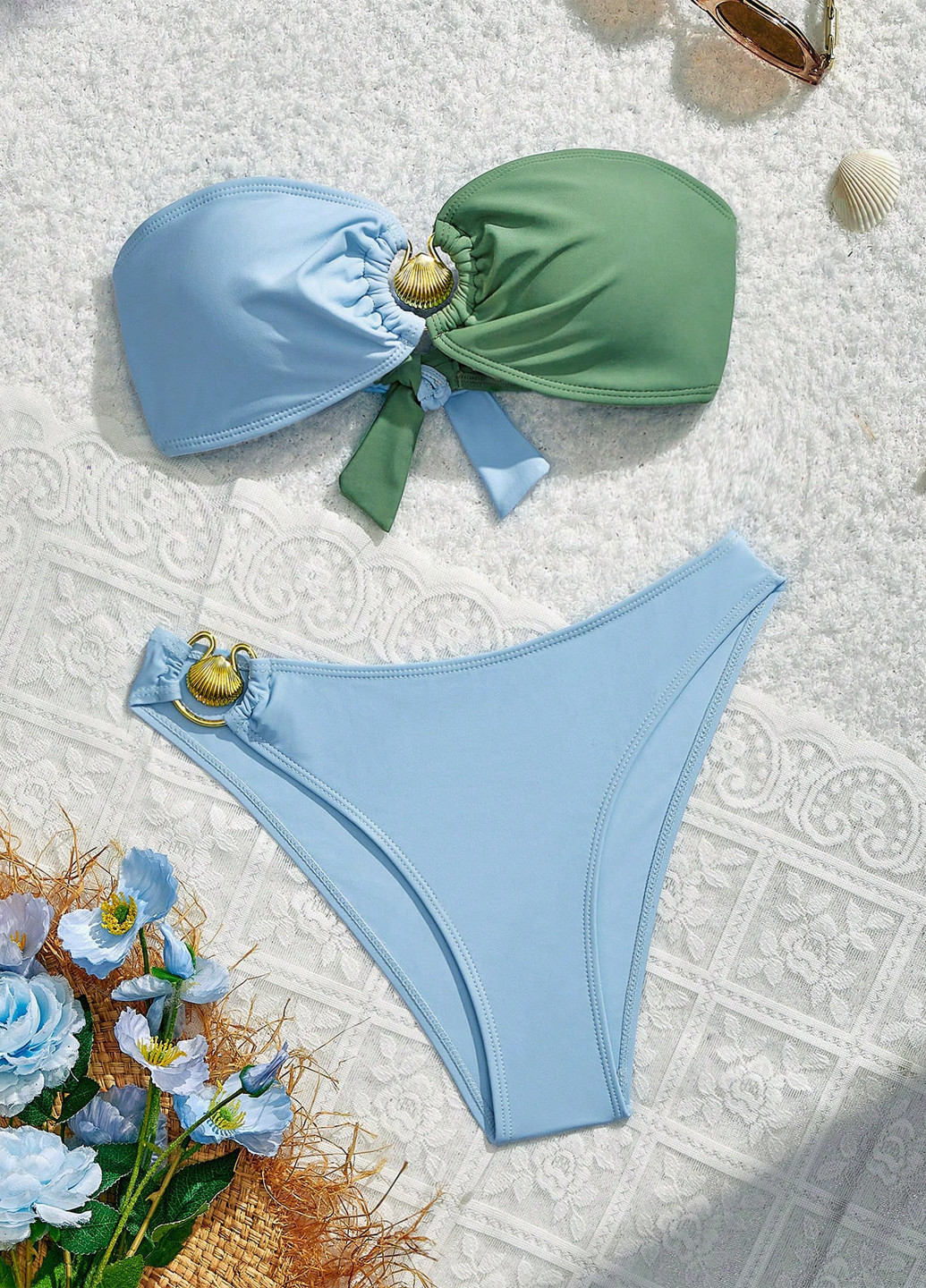 Голубой летний купальник (лиф, трусики) бандо, раздельный SHEIN