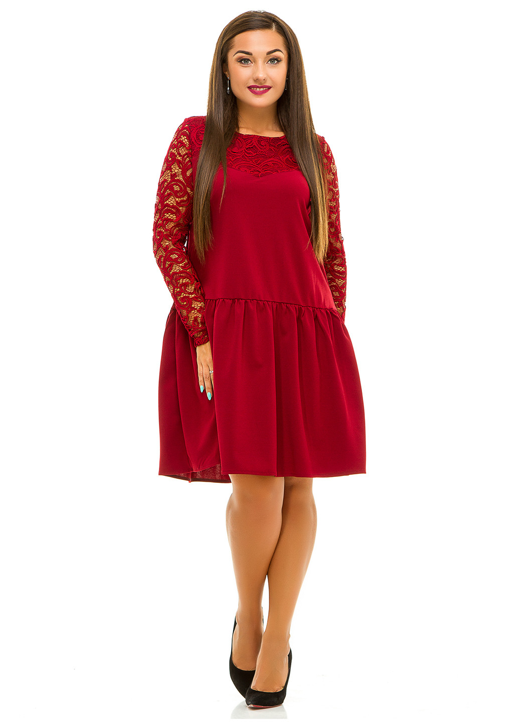 Бордовое кэжуал платье с длинным рукавом Lady Style однотонное