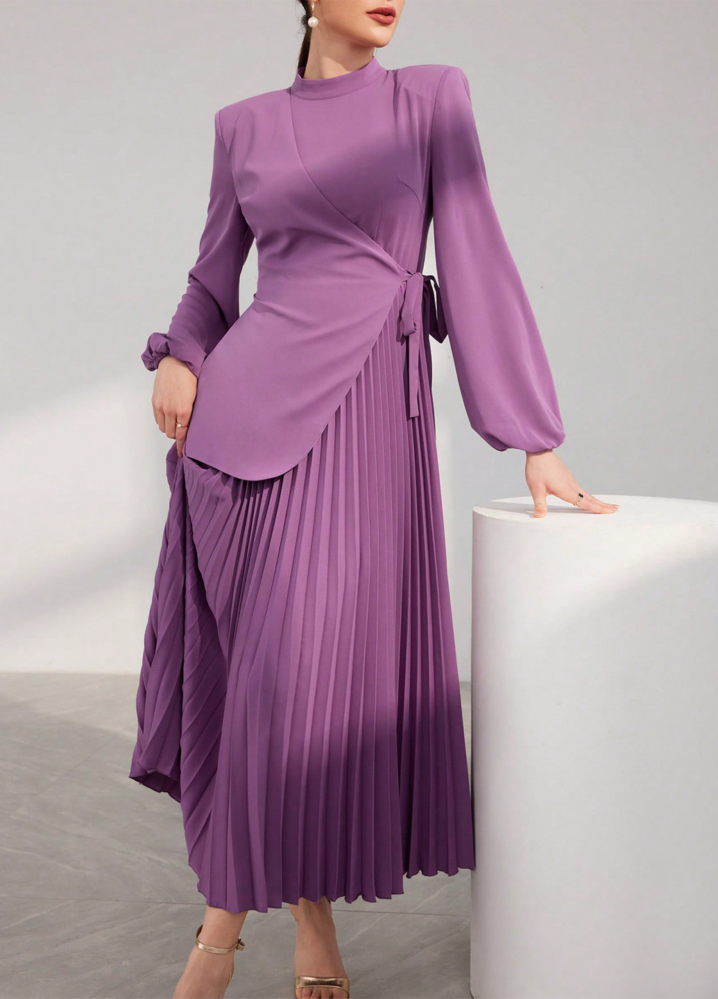 Фиолетовое вечернее, кэжуал платье с юбкой-солнце, плиссированное, на запах SHEIN однотонное
