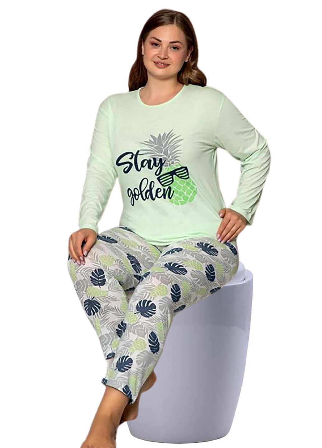 Салатова всесезон піжама бавовна big size лонгслив + брюки Rinda Pijama