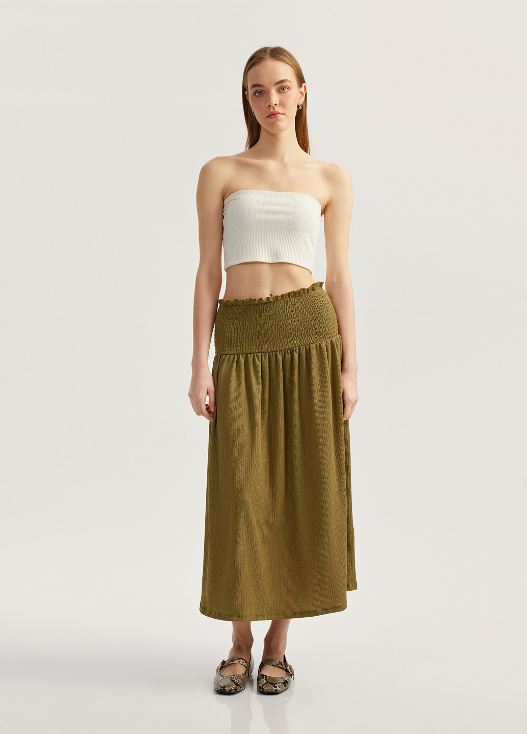 Оливковая (хаки) кэжуал однотонная юбка KOTON клешированная