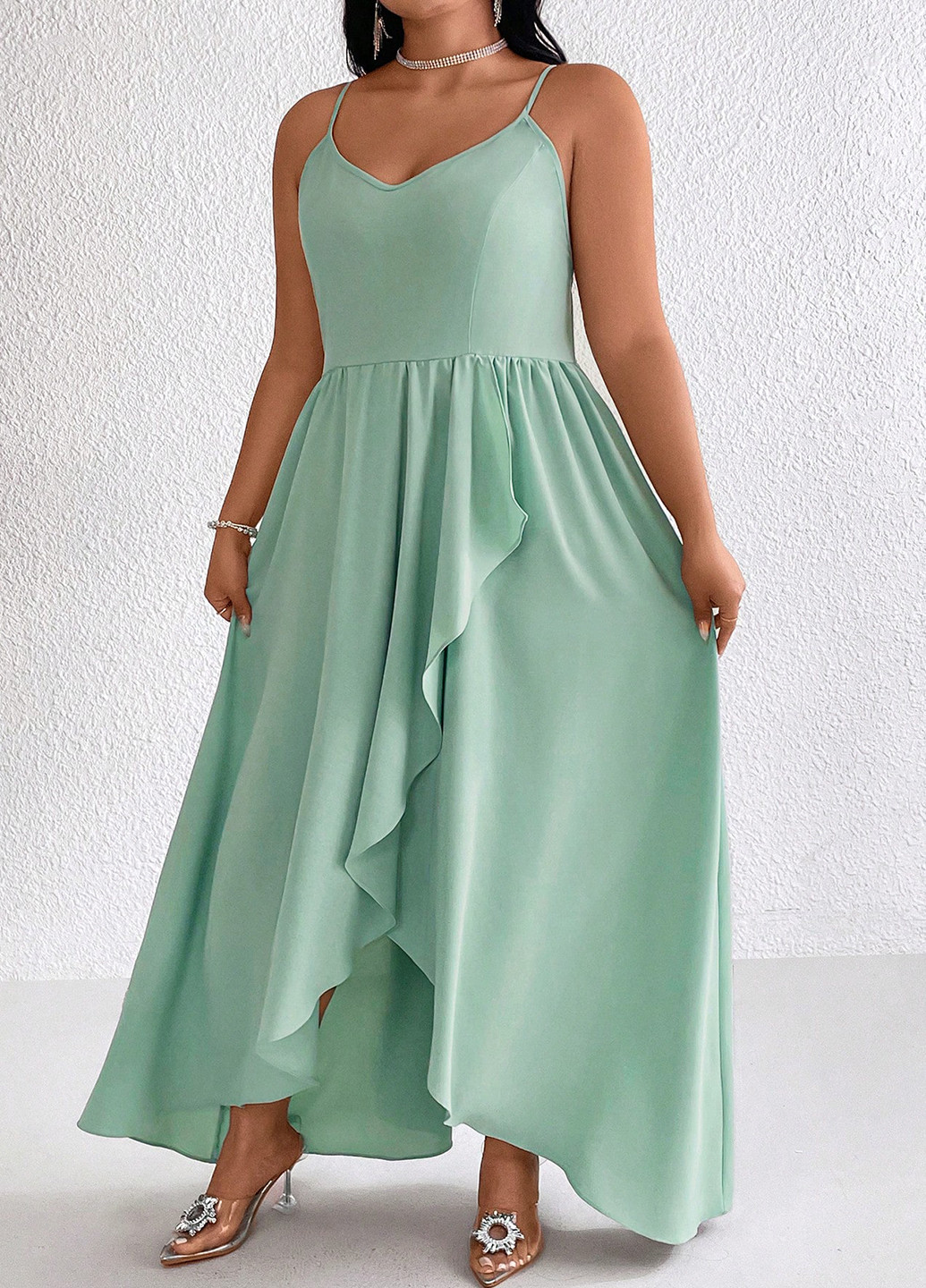 М'ятна вечірня сукня з спідницею-сонце, силуетна, з відкритою спиною SHEIN однотонна