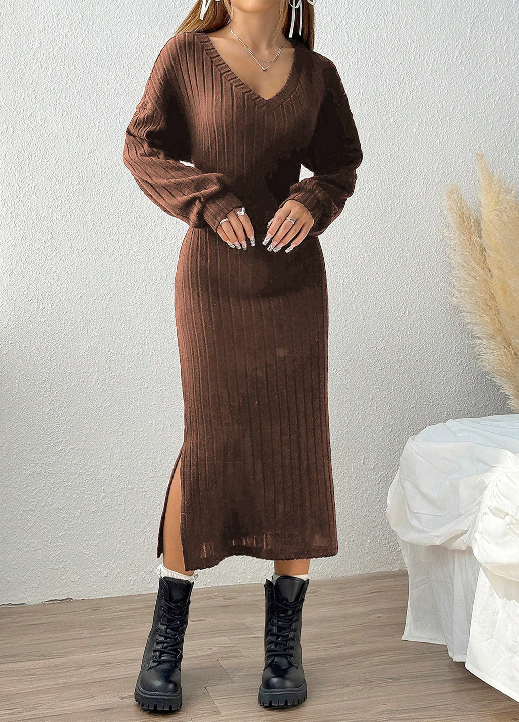 Коричневое кэжуал платье платье-свитер SHEIN однотонное