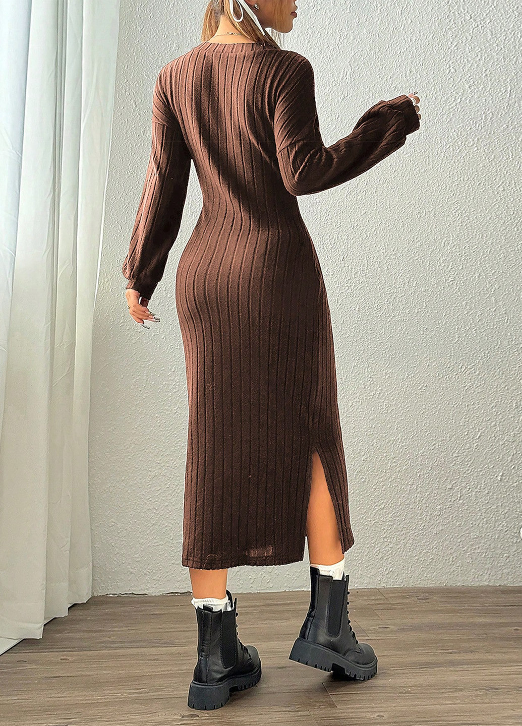 Коричневое кэжуал платье платье-свитер SHEIN однотонное