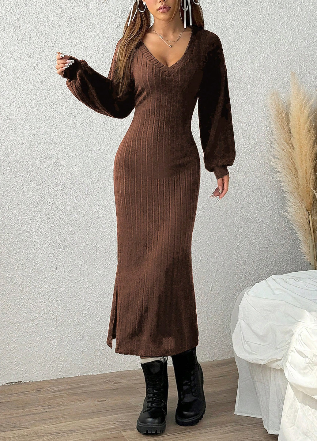 Коричневое кэжуал платье платье-свитер SHEIN однотонное