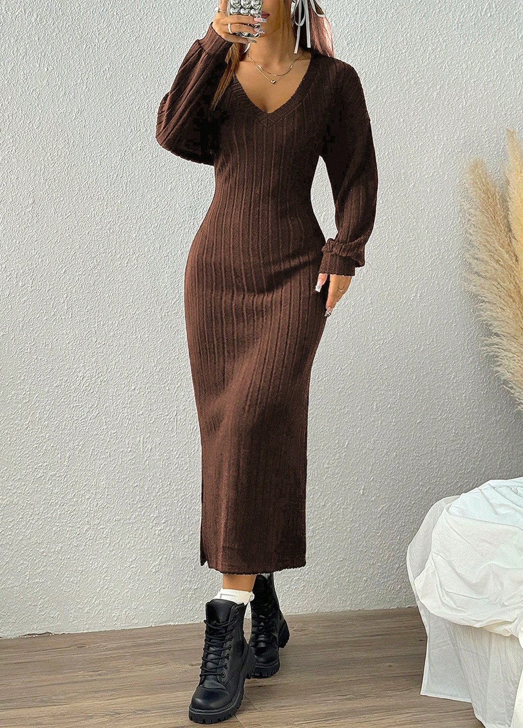 Коричневое кэжуал платье платье-свитер SHEIN однотонное