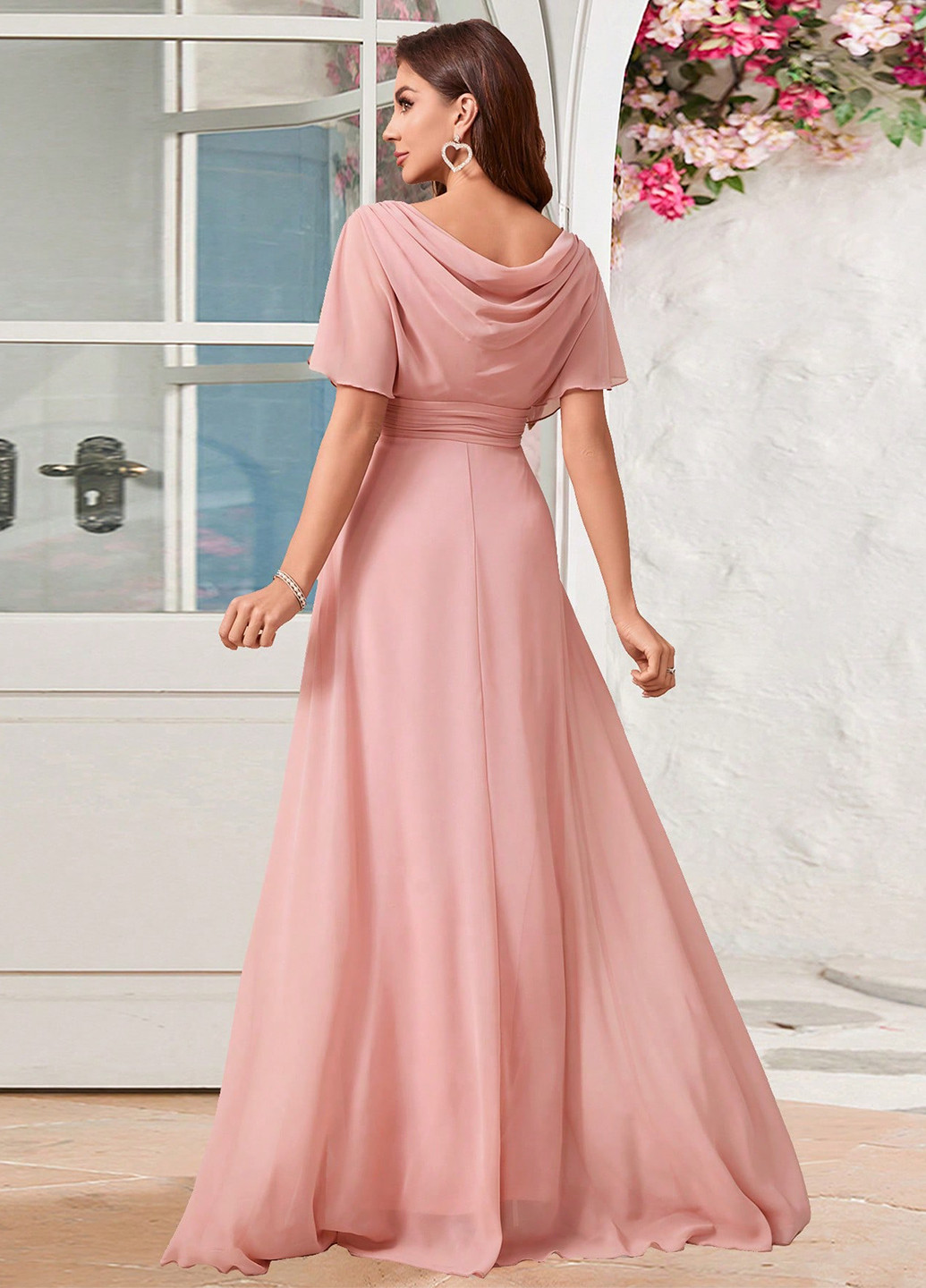 Бледно-розовое праздничный, вечернее платье в стиле ампир SHEIN однотонное