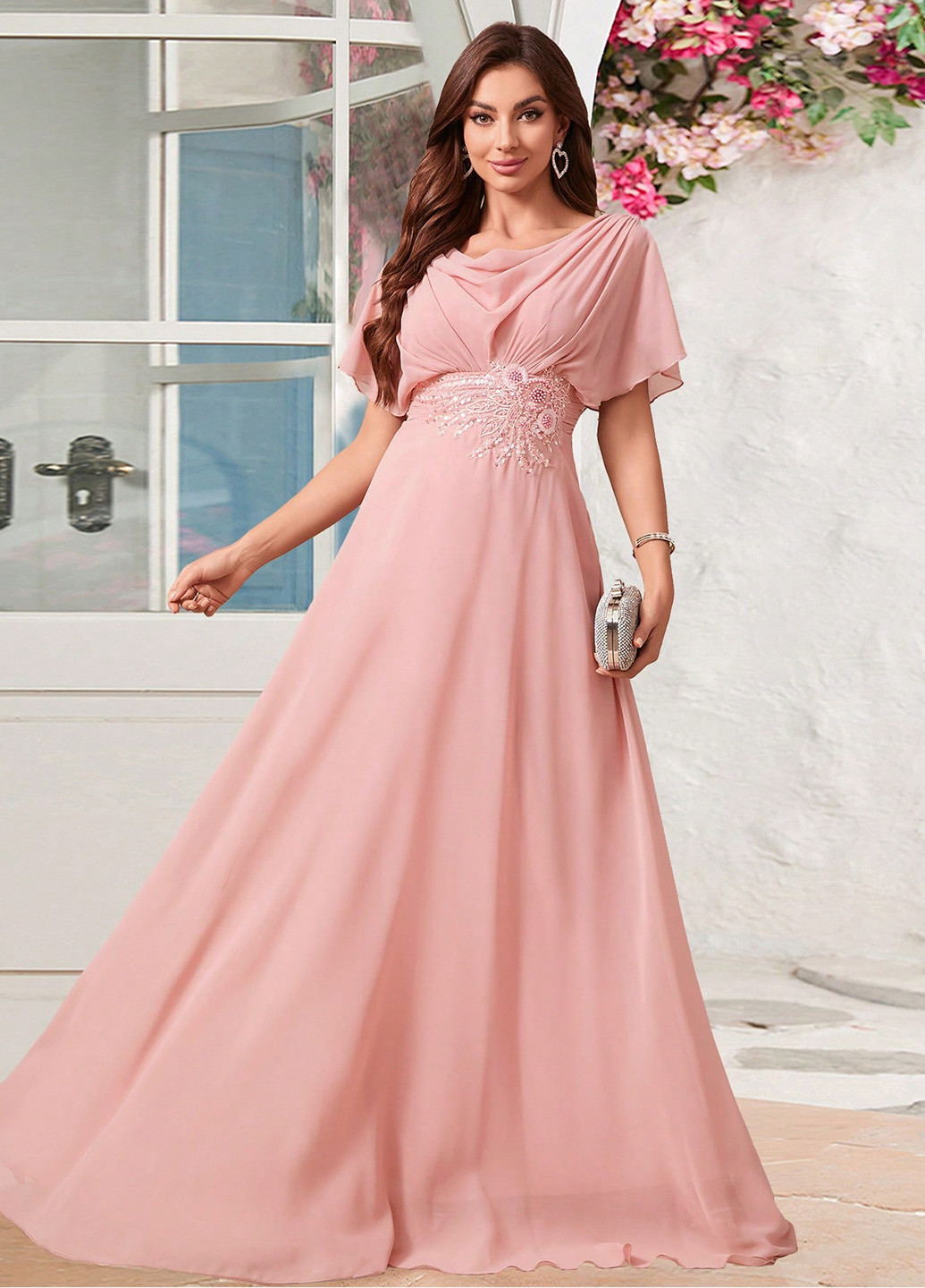 Бледно-розовое праздничный, вечернее платье в стиле ампир SHEIN однотонное