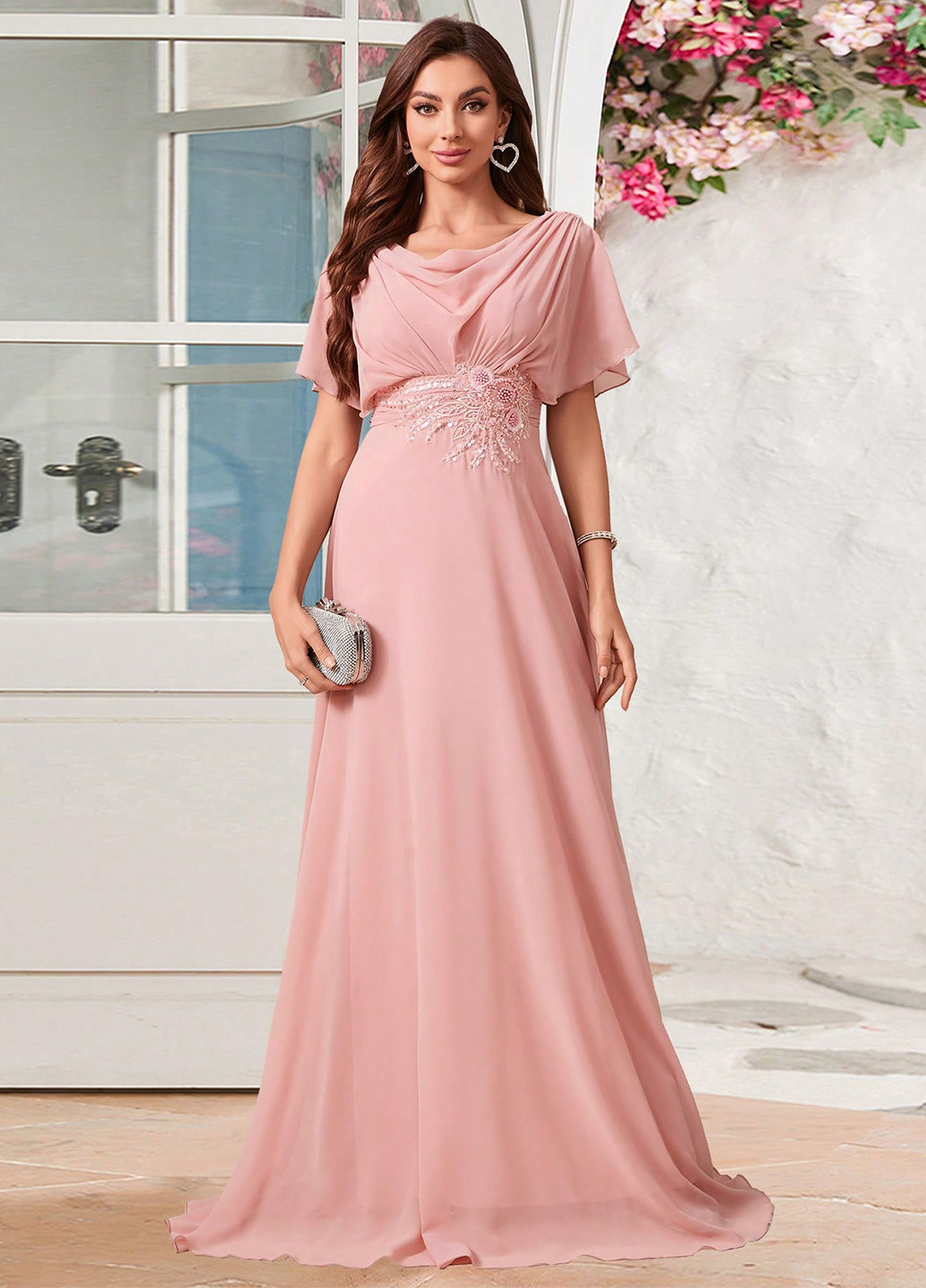 Бледно-розовое праздничный, вечернее платье в стиле ампир SHEIN однотонное