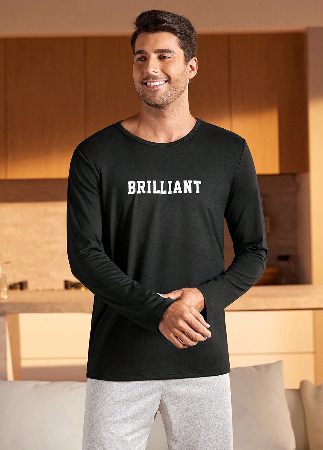 Черный демисезонный домашний лонгслив SHEIN с надписями