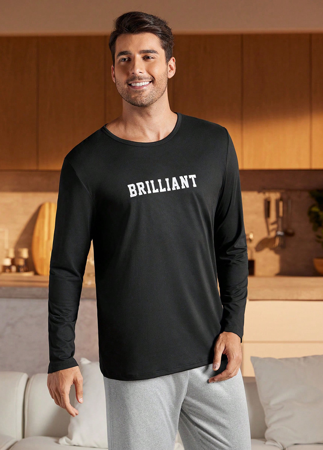 Черный демисезонный домашний лонгслив SHEIN с надписями