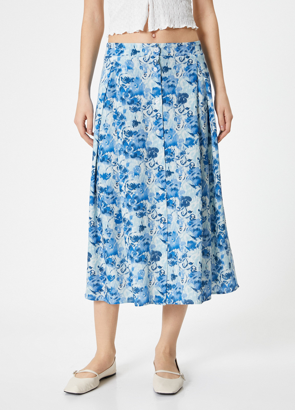 Синяя кэжуал цветочной расцветки юбка KOTON а-силуэта (трапеция)