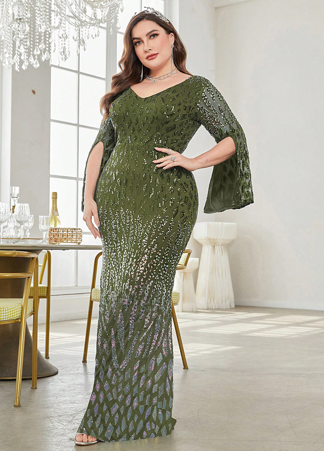 Оливковое вечернее платье годе SHEIN однотонное