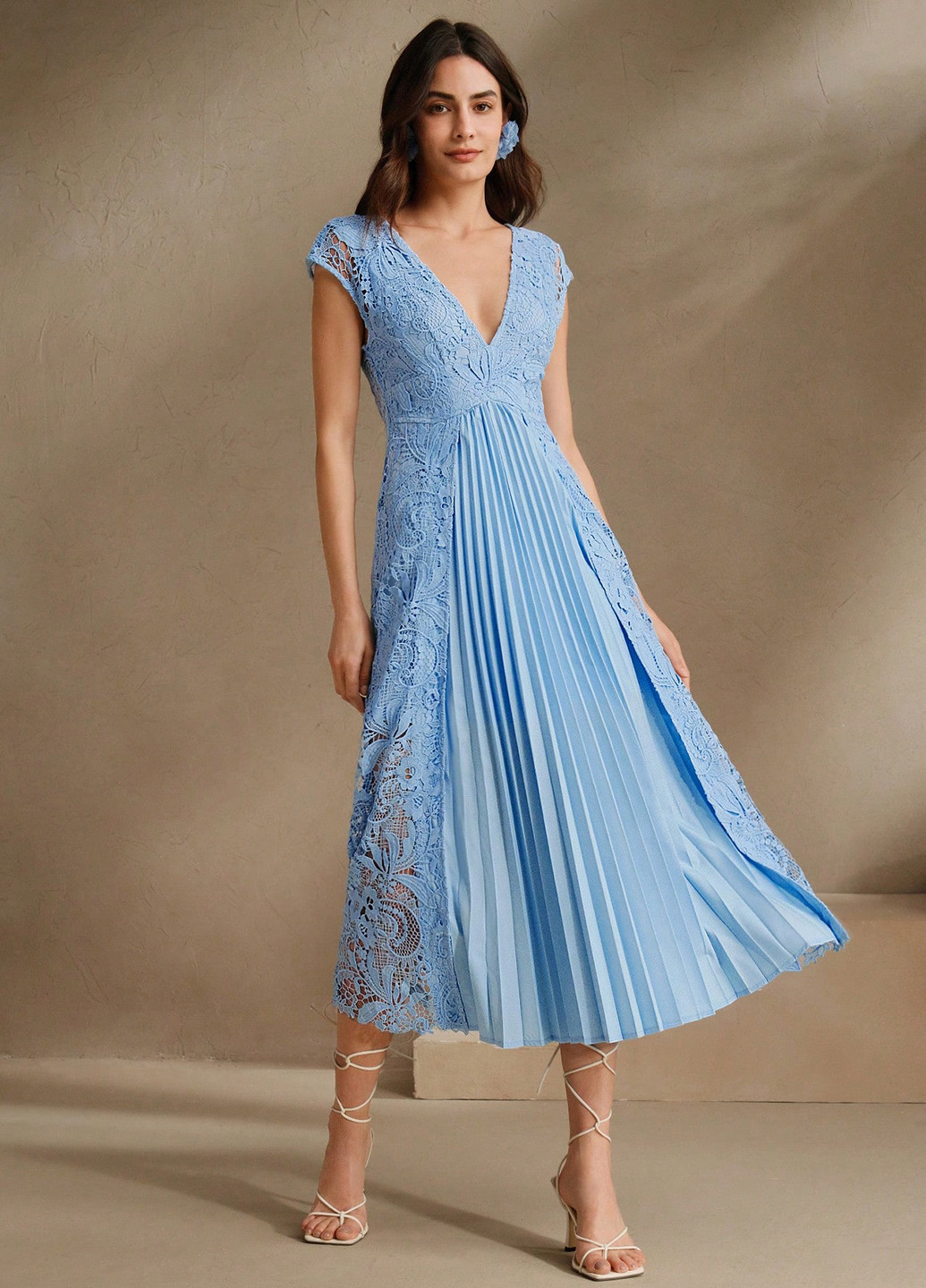 Світло-синя вечірня сукня з спідницею-сонце, в стилі армпір, плісована, з відкритою спиною SHEIN однотонна