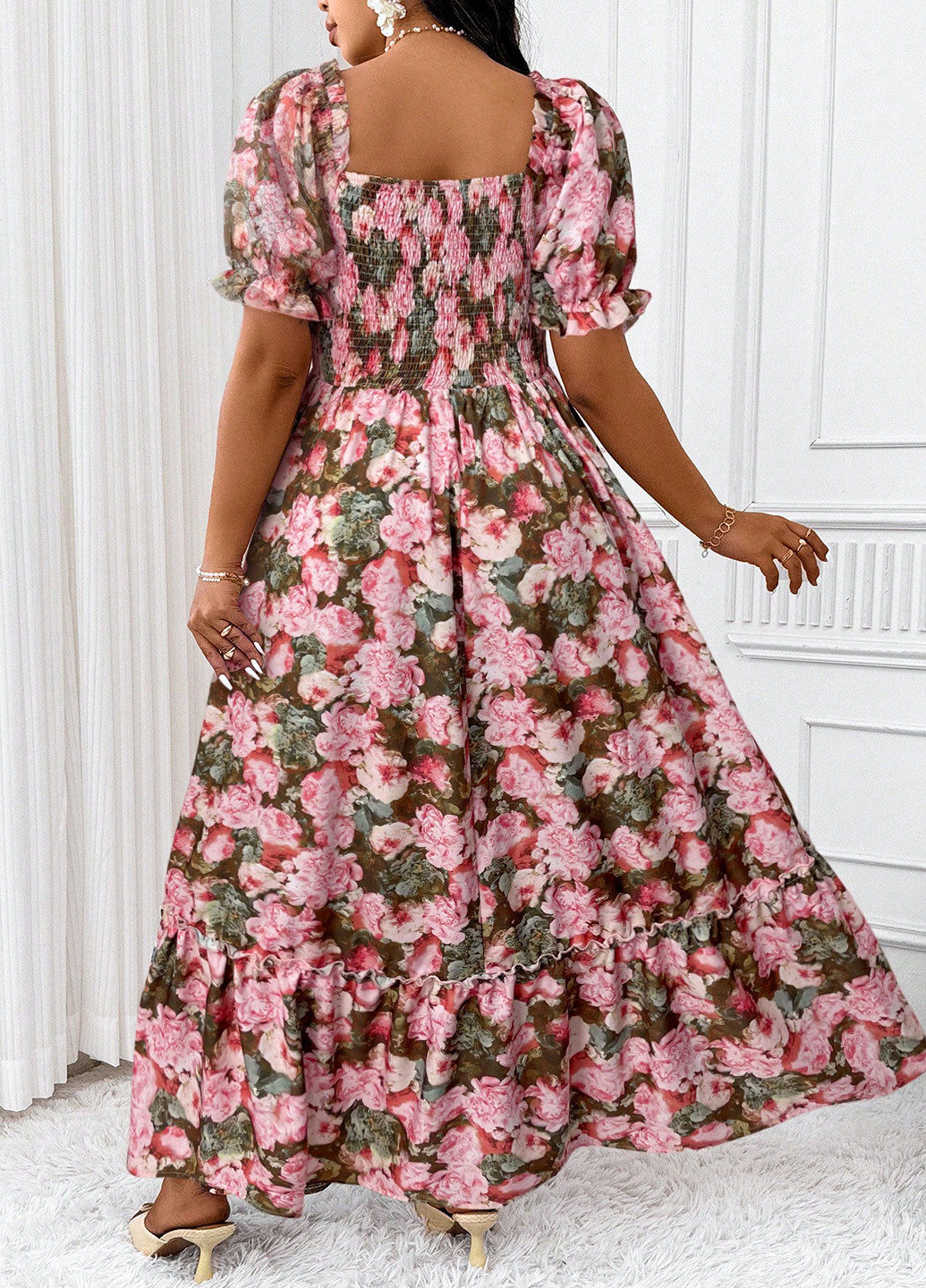 Розово-коричневое вечернее, кэжуал платье с юбкой-солнце, в стиле ампир SHEIN розы