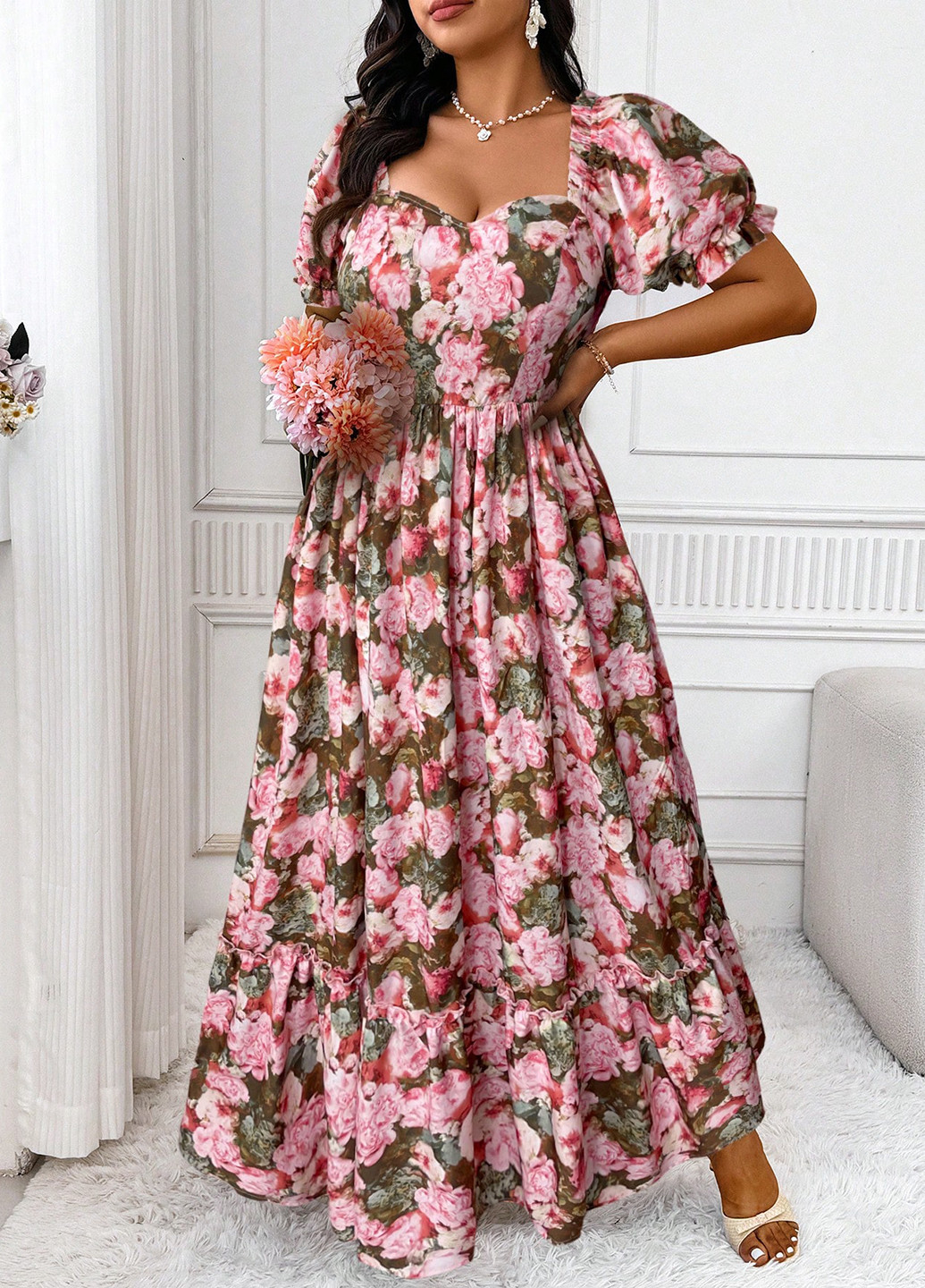 Розово-коричневое вечернее, кэжуал платье с юбкой-солнце, в стиле ампир SHEIN розы