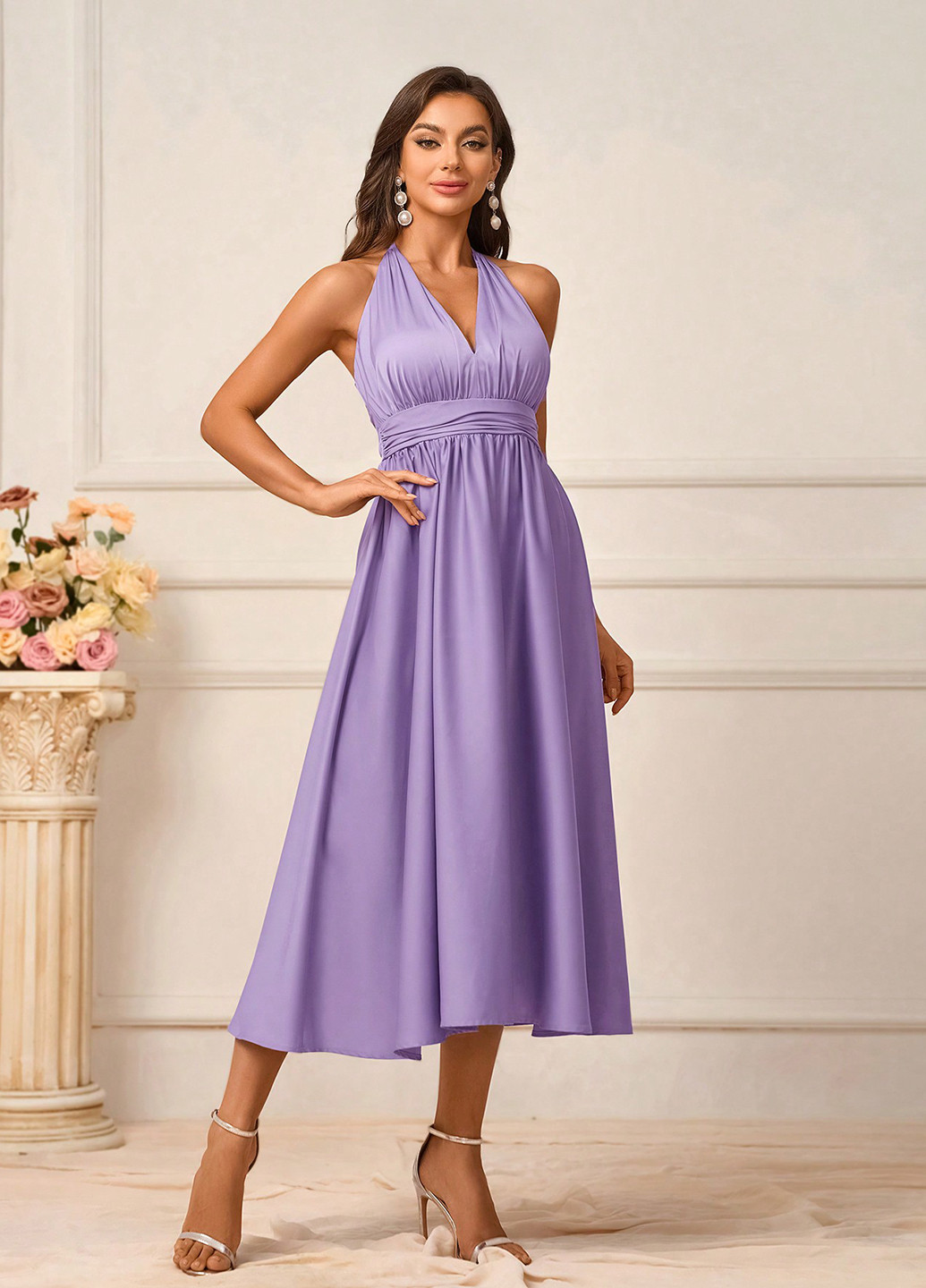 Лілова вечірня сукня з спідницею-сонце, в стилі армпір, з відкритою спиною SHEIN однотонна