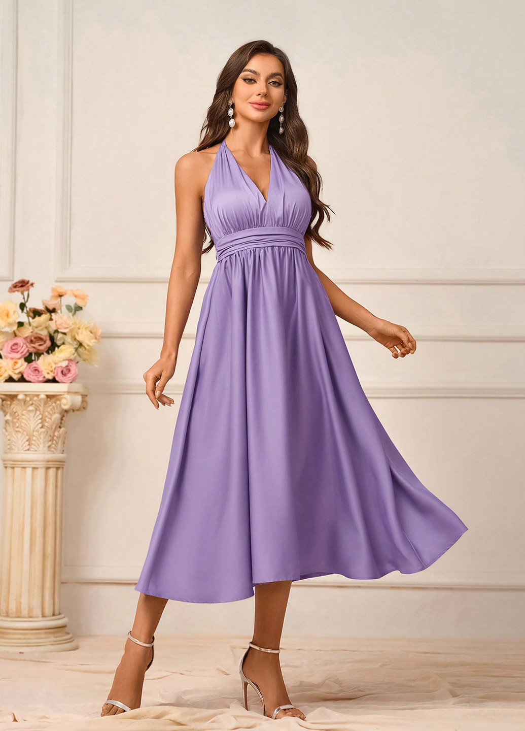 Лілова вечірня сукня з спідницею-сонце, в стилі армпір, з відкритою спиною SHEIN однотонна