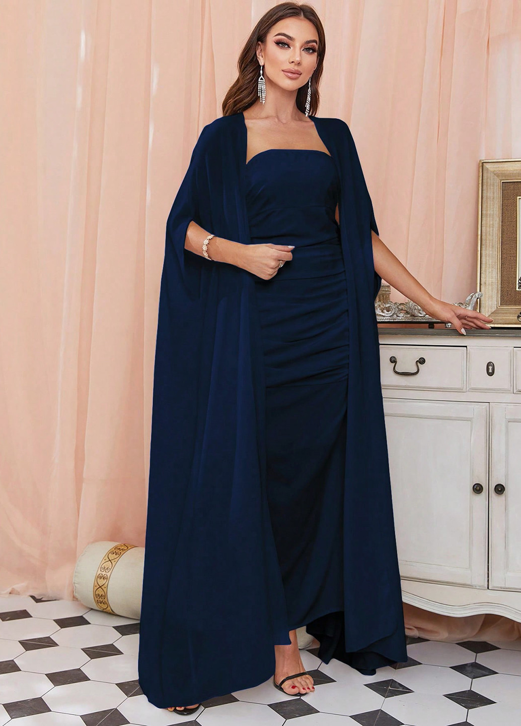 Темно-синій літній комплект (сукня, накидка) SHEIN