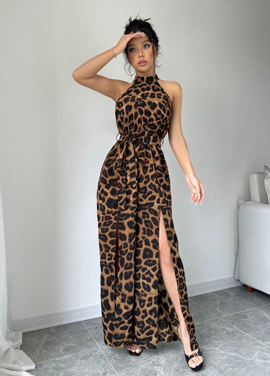 Коричнева вечірня, кежуал сукня в грецькому стилі SHEIN леопардовий