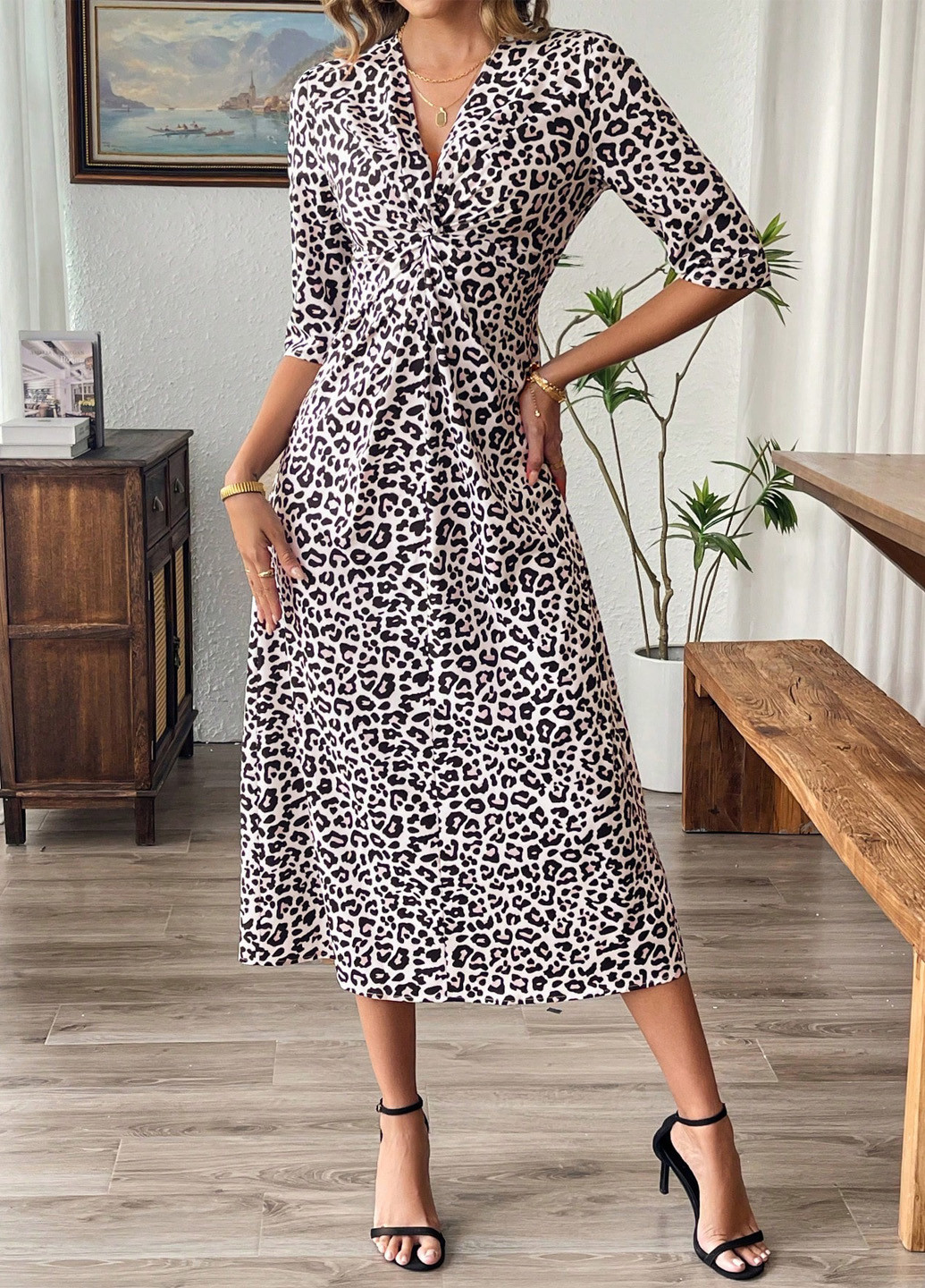 Белое кэжуал платье а-силуэт SHEIN леопардовый