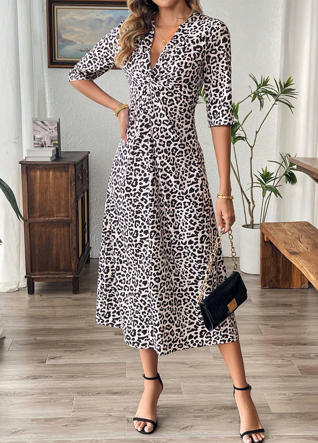 Белое кэжуал платье а-силуэт SHEIN леопардовый