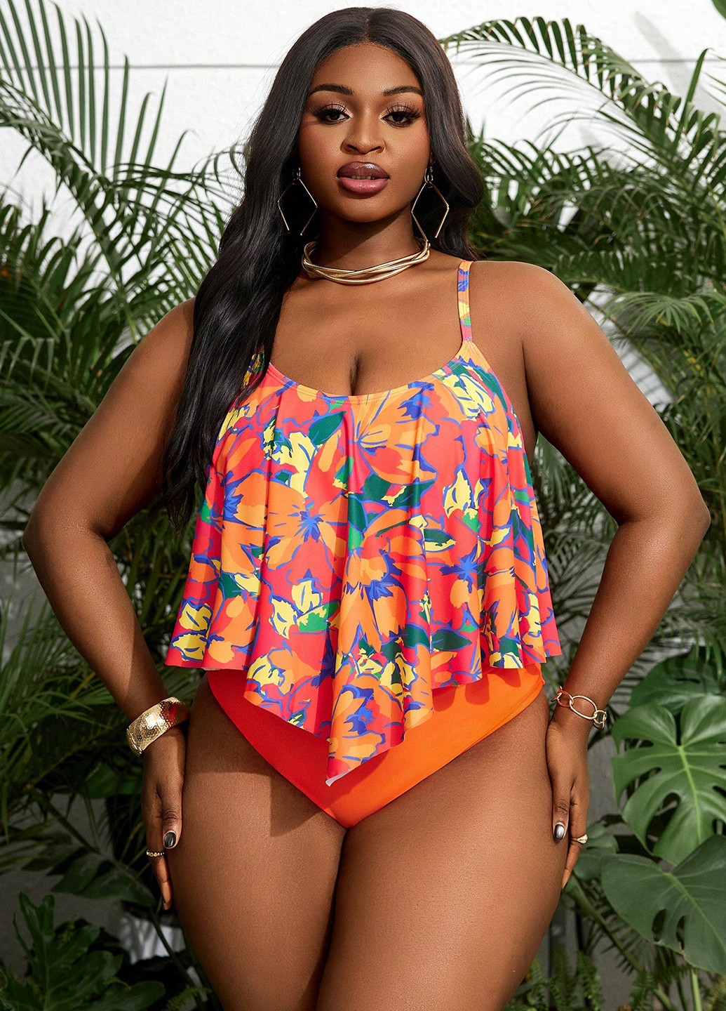 Оранжево-красный летний купальник (лиф, трусики) танкини, раздельный SHEIN