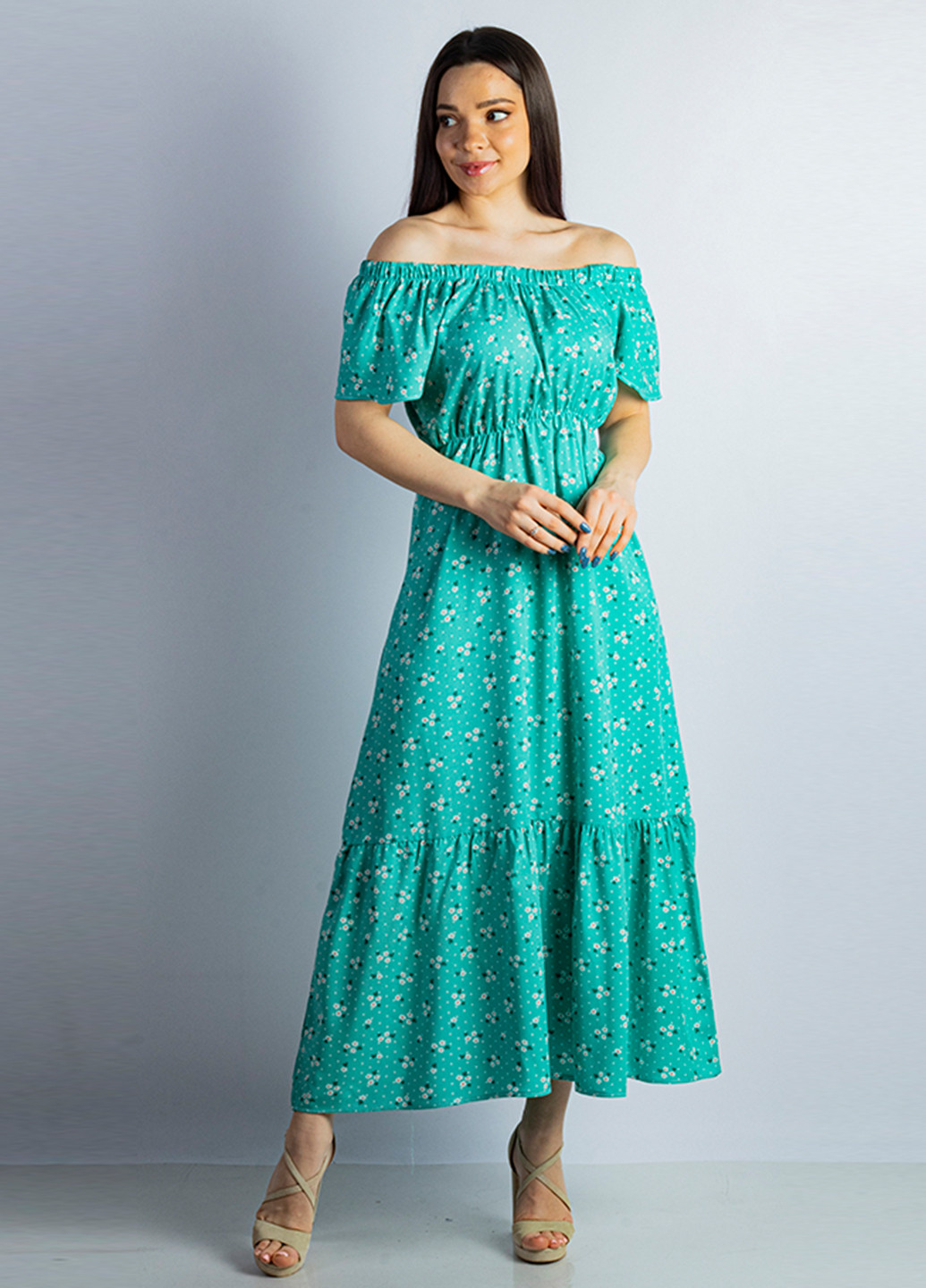 Мятное кэжуал платье с открытыми плечами Time of Style с цветочным принтом